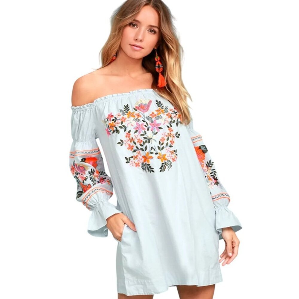 Free People Fleur Du Jour Off Shoulder Embroidered Boho Shift Dress Size Small